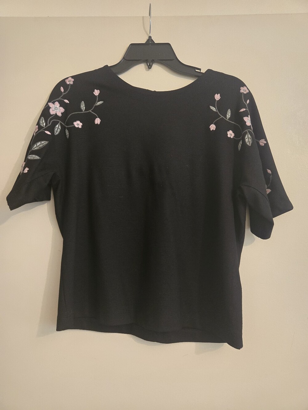 H&M Black Short-Sleeve Top with Pink Floral Embroidery